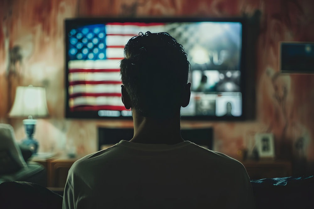 A man sits in front of a television, intently watching a display featuring the American flag.